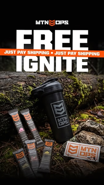 This creative showcases energy drink stick packs and a shaker bottle in a rustic outdoor setting, highlighting a free sample offer for cost of shipping.